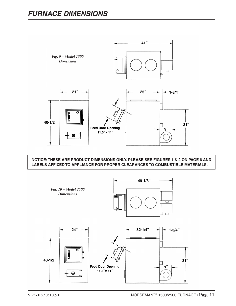 Furnace dimensions | Vogelzang International 1500 User Manual | Page 11 / 28