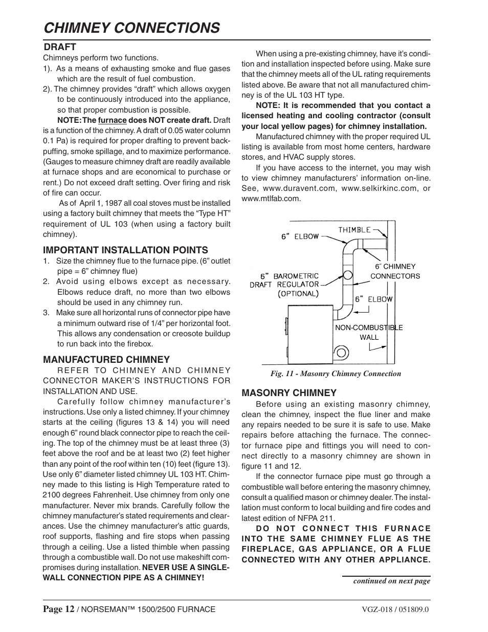Chimney connections | Vogelzang International 1500 User Manual | Page 12 / 28