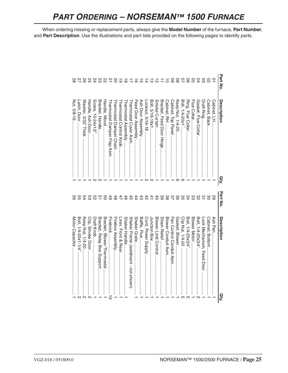 Norseman, 1500 f, Rdering | Urnace, Page 25 | Vogelzang International 1500 User Manual | Page 25 / 28