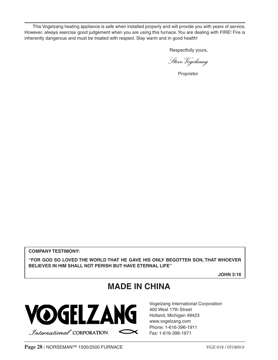 Steve vogelzang, Made in china | Vogelzang International 1500 User Manual | Page 28 / 28