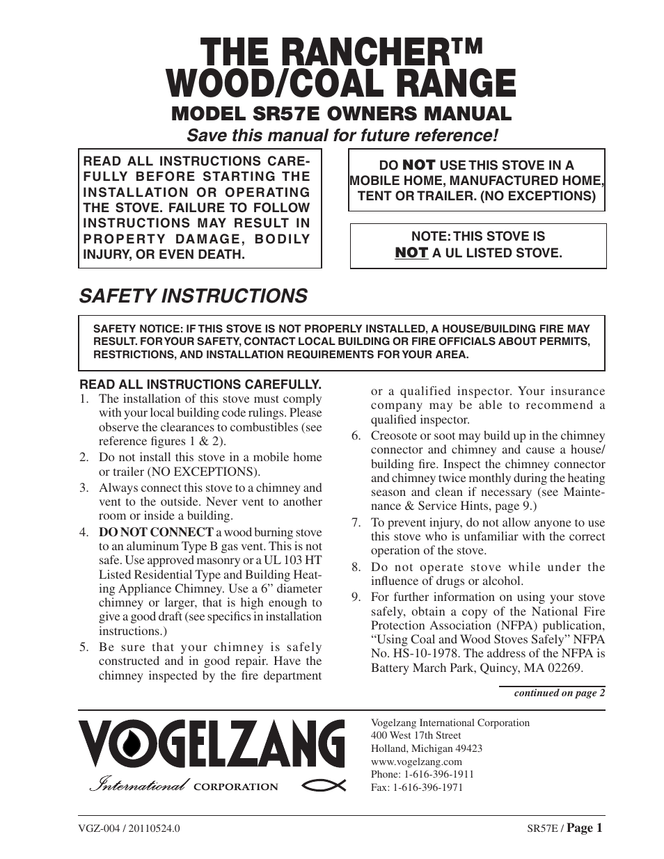 Vogelzang International SR57E User Manual | 12 pages