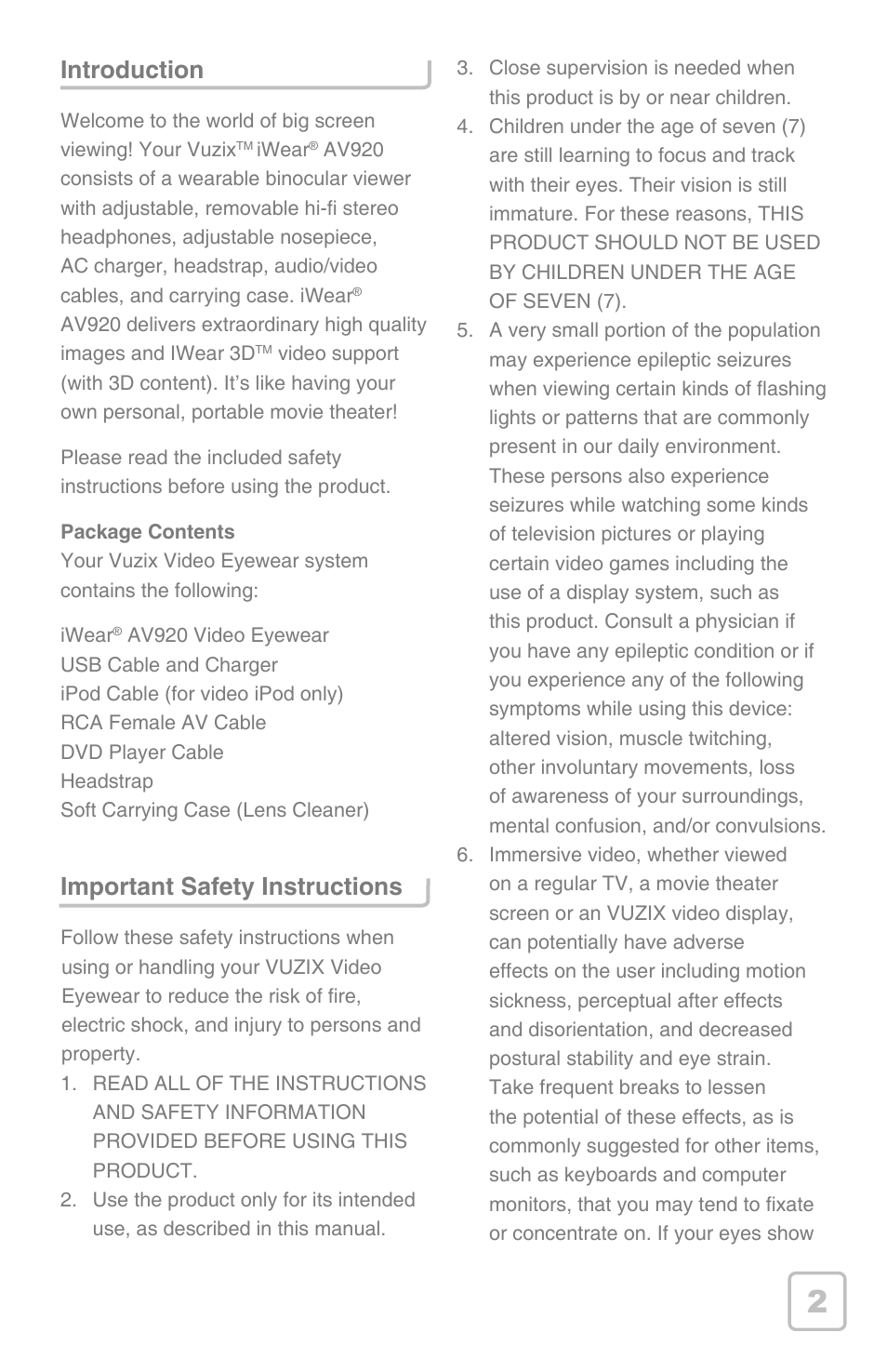 Introduction, Important safety instructions | Vuzix iWear AV920 User Manual | Page 3 / 12