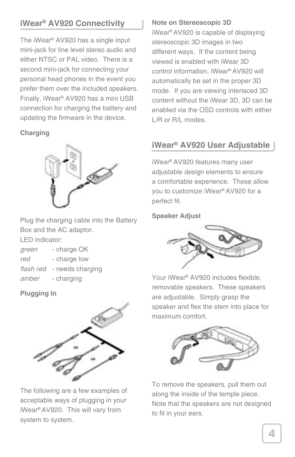 Iwear, Av920 connectivity, Av920 user adjustable | Vuzix iWear AV920 User Manual | Page 5 / 12