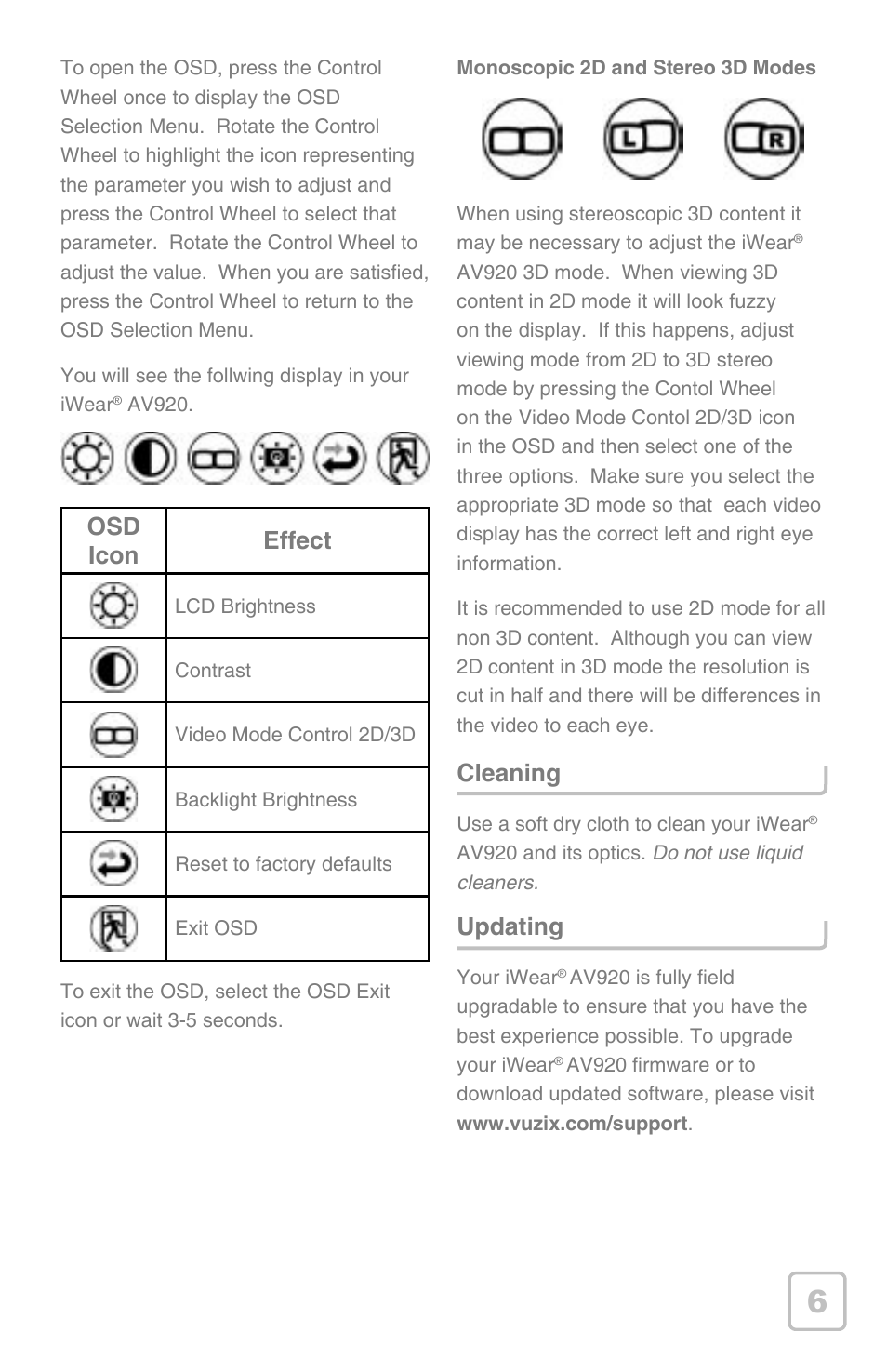 Osd icon effect, Cleaning, Updating | Vuzix iWear AV920 User Manual | Page 7 / 12