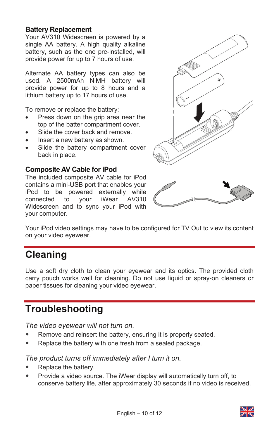 Cleaning, Troubleshooting | Vuzix IWEAR AV310 User Manual | Page 10 / 76