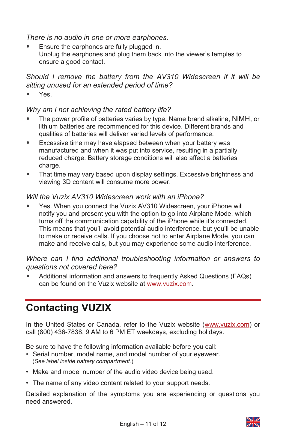 Contacting vuzix | Vuzix IWEAR AV310 User Manual | Page 11 / 76