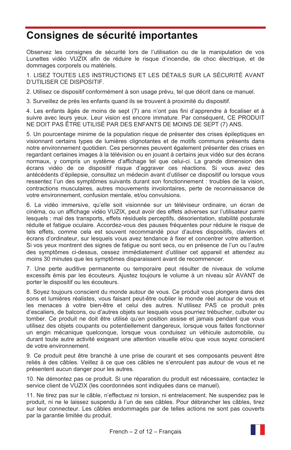 Consignes de sécurité importantes | Vuzix IWEAR AV310 User Manual | Page 14 / 76