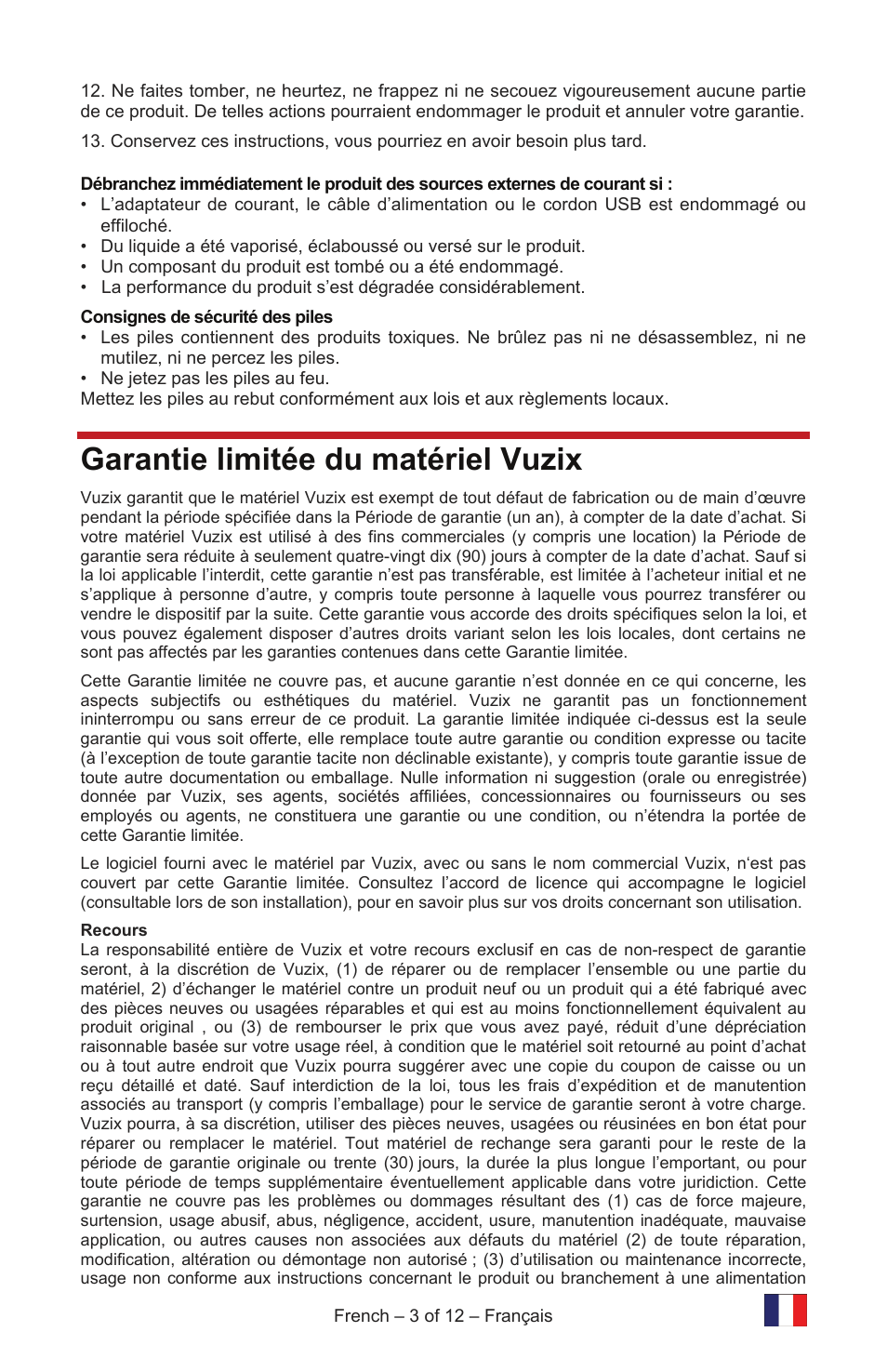Garantie limitée du matériel vuzix | Vuzix IWEAR AV310 User Manual | Page 15 / 76