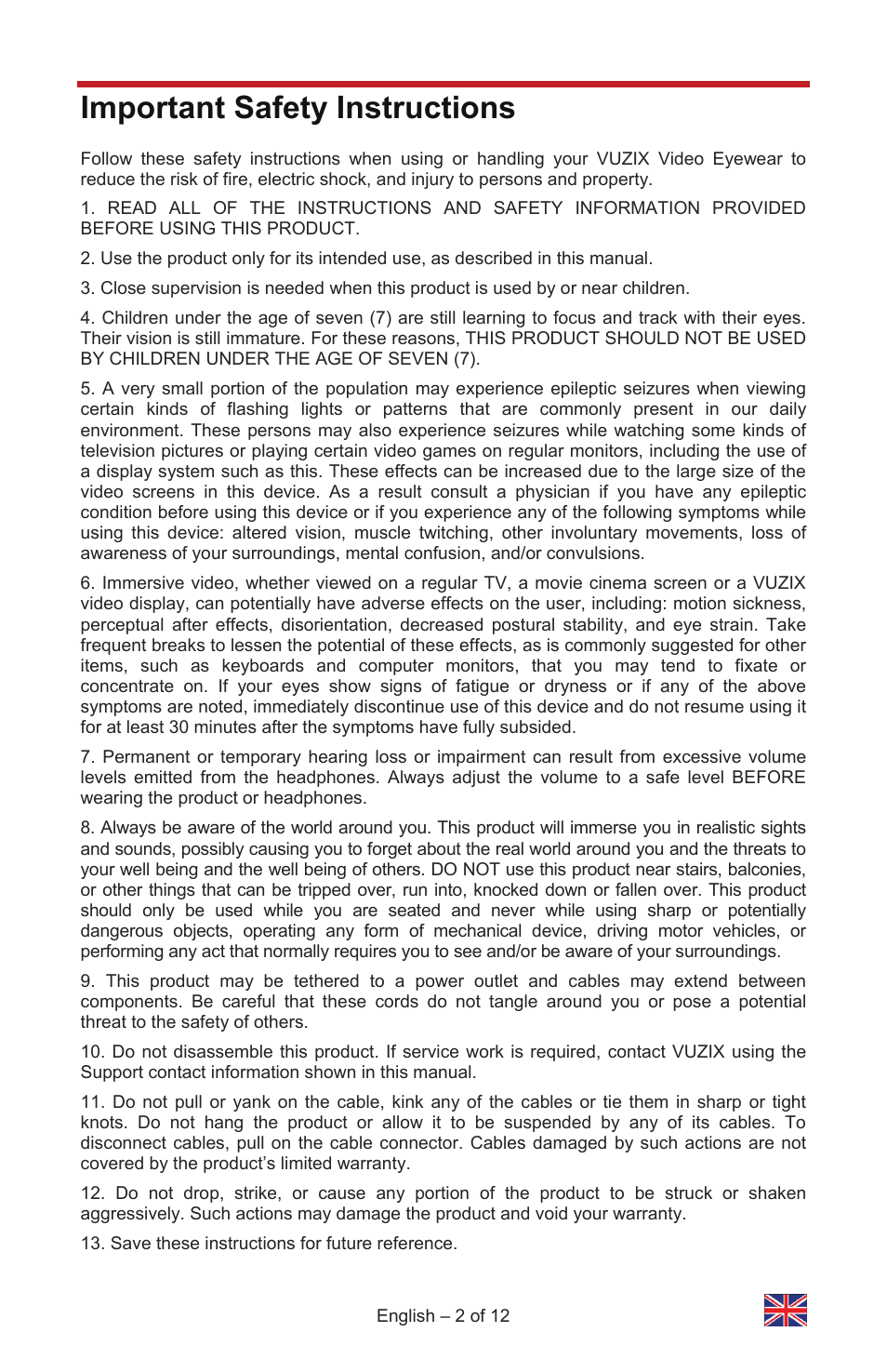 Important safety instructions | Vuzix IWEAR AV310 User Manual | Page 2 / 76
