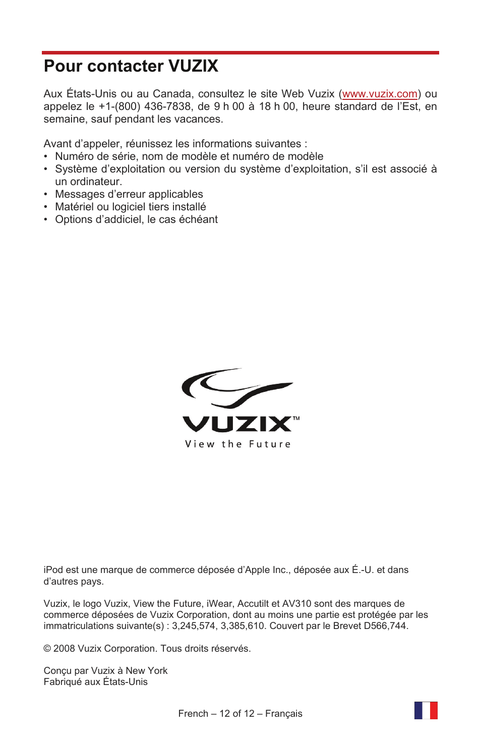 Pour contacter vuzix | Vuzix IWEAR AV310 User Manual | Page 24 / 76