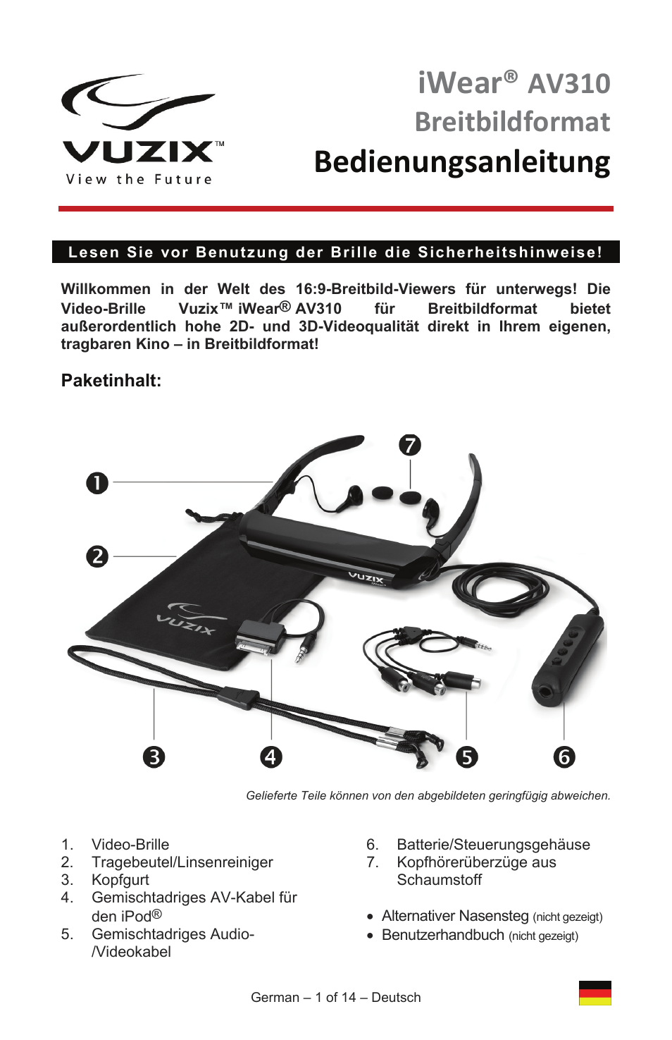 Av310ws_user_manual_de, Iwear, Bedienungsanleitung | Av310 breitbildformat | Vuzix IWEAR AV310 User Manual | Page 25 / 76