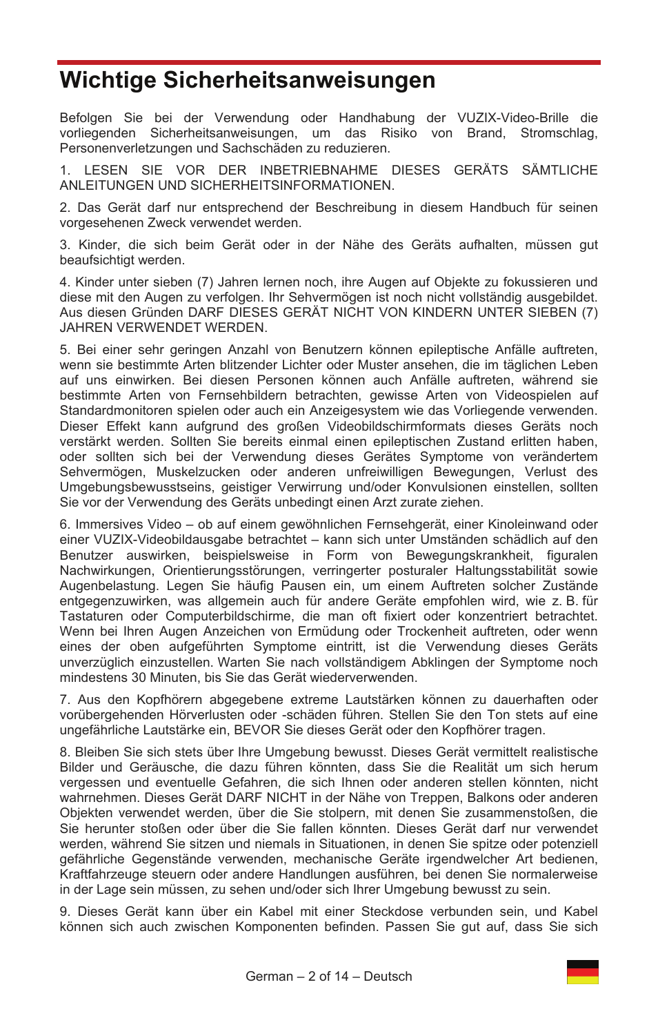 Wichtige sicherheitsanweisungen | Vuzix IWEAR AV310 User Manual | Page 26 / 76