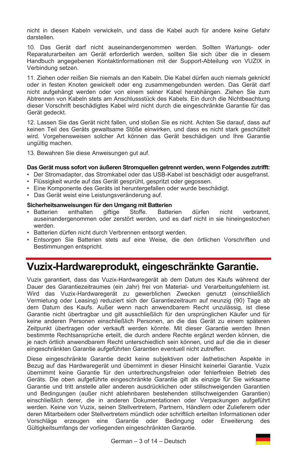Vuzix-hardwareprodukt, eingeschränkte garantie | Vuzix IWEAR AV310 User Manual | Page 27 / 76