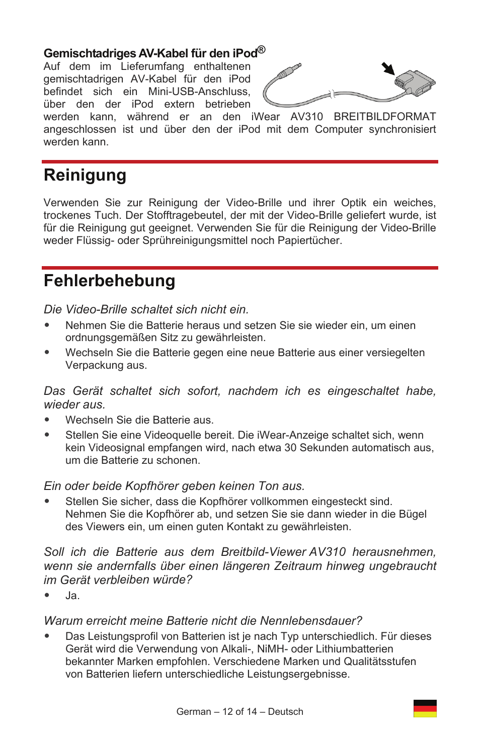 Reinigung, Fehlerbehebung | Vuzix IWEAR AV310 User Manual | Page 36 / 76