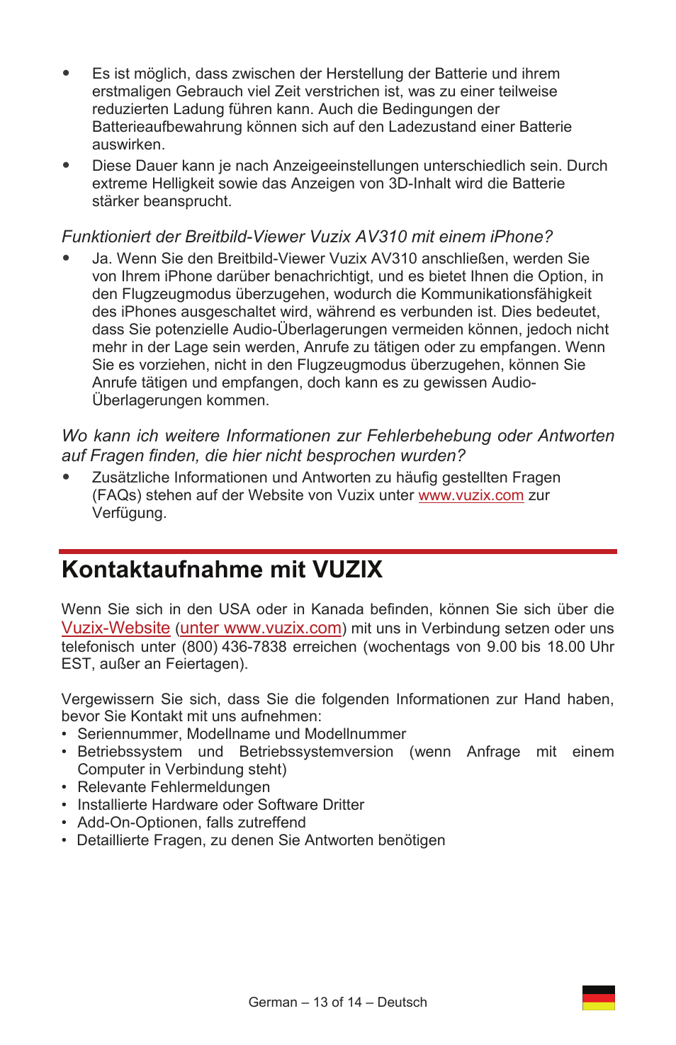 Kontaktaufnahme mit vuzix | Vuzix IWEAR AV310 User Manual | Page 37 / 76