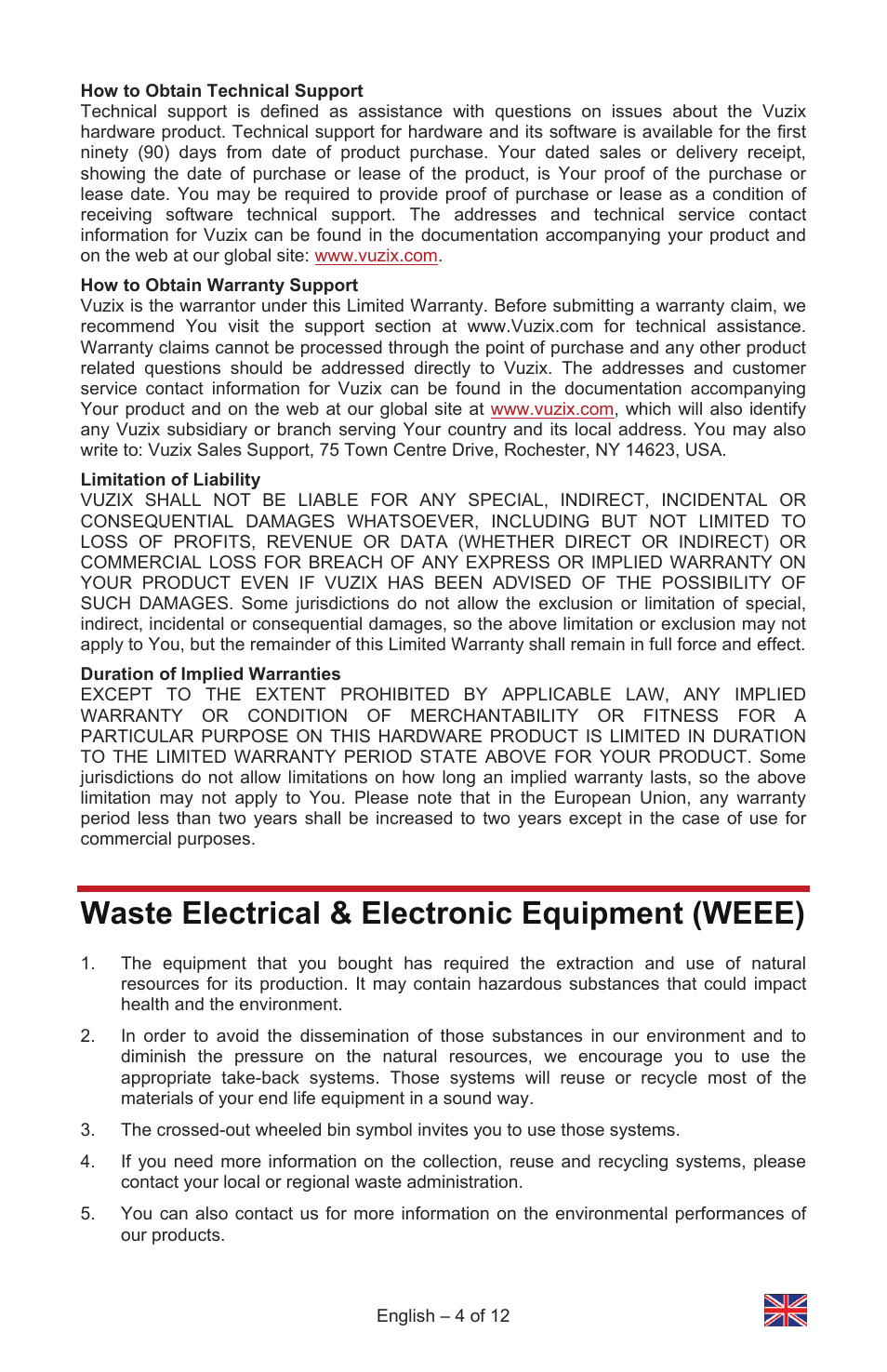 Waste electrical & electronic equipment (weee) | Vuzix IWEAR AV310 User Manual | Page 4 / 76