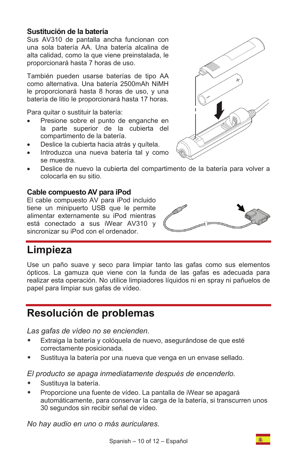 Limpieza, Resolución de problemas | Vuzix IWEAR AV310 User Manual | Page 48 / 76