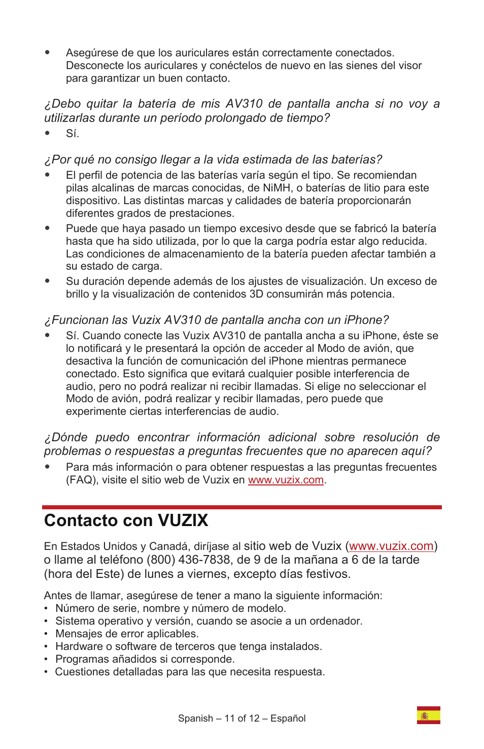 Contacto con vuzix | Vuzix IWEAR AV310 User Manual | Page 49 / 76