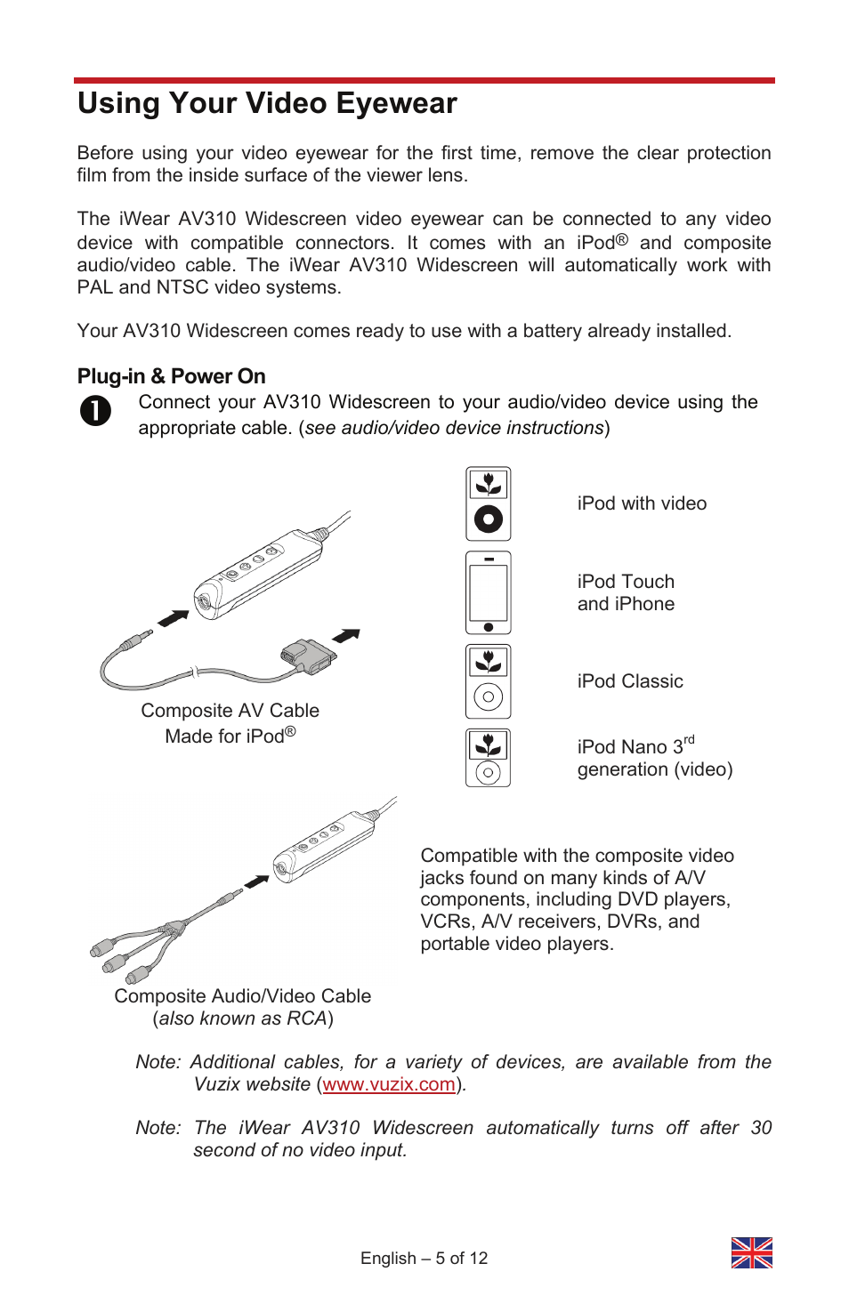 Using your video eyewear | Vuzix IWEAR AV310 User Manual | Page 5 / 76