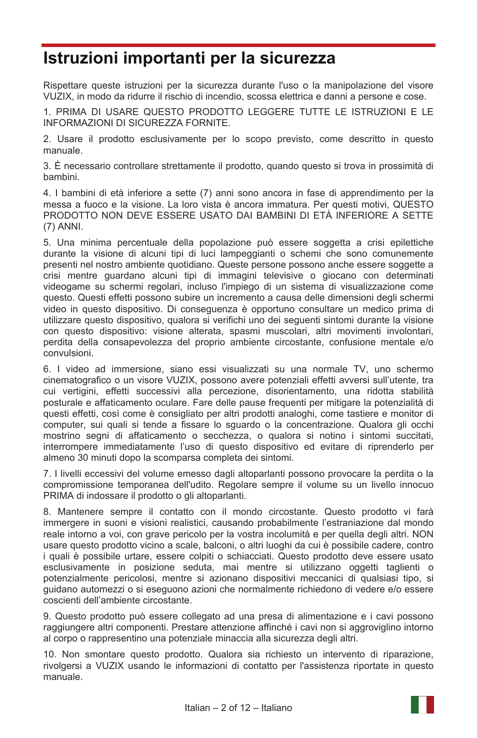 Istruzioni importanti per la sicurezza | Vuzix IWEAR AV310 User Manual | Page 52 / 76