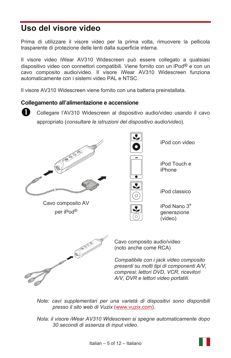 Uso del visore video | Vuzix IWEAR AV310 User Manual | Page 55 / 76