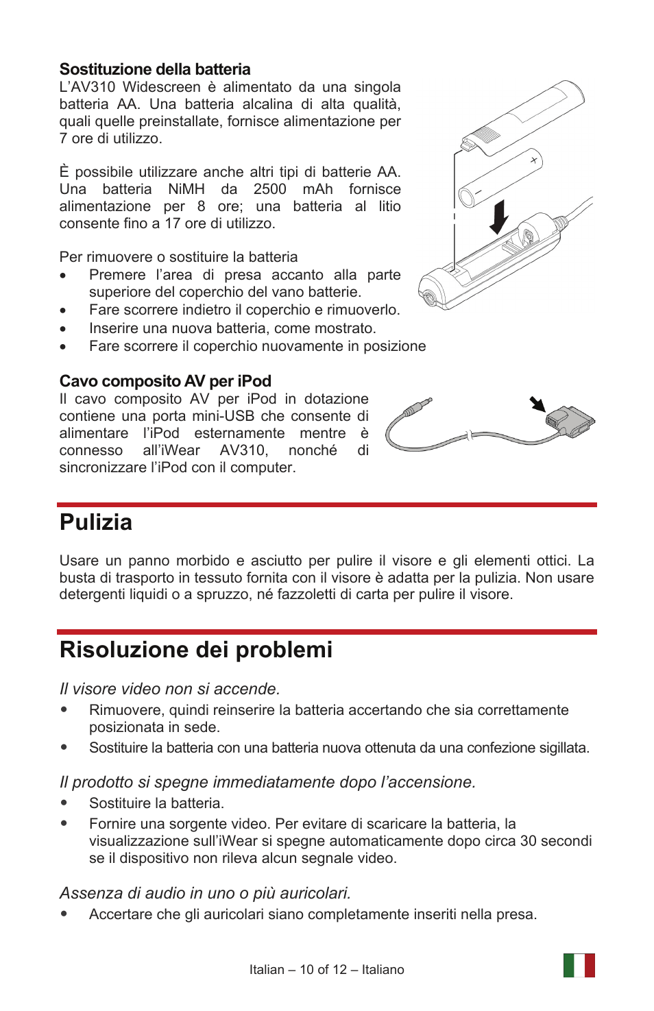 Pulizia, Risoluzione dei problemi | Vuzix IWEAR AV310 User Manual | Page 60 / 76