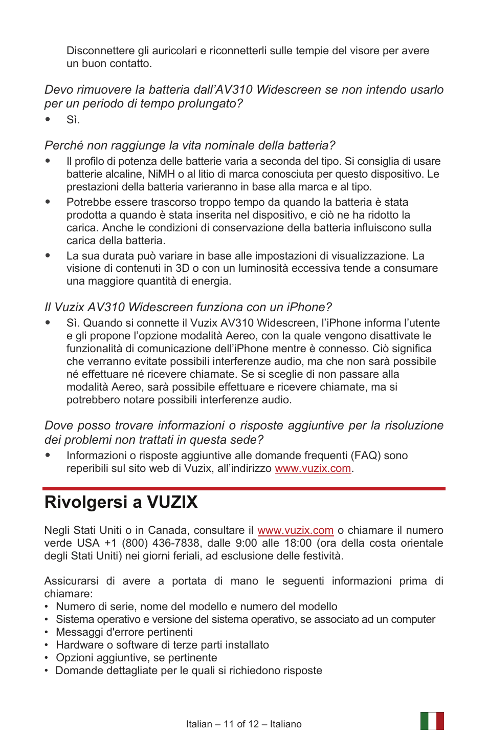 Rivolgersi a vuzix | Vuzix IWEAR AV310 User Manual | Page 61 / 76
