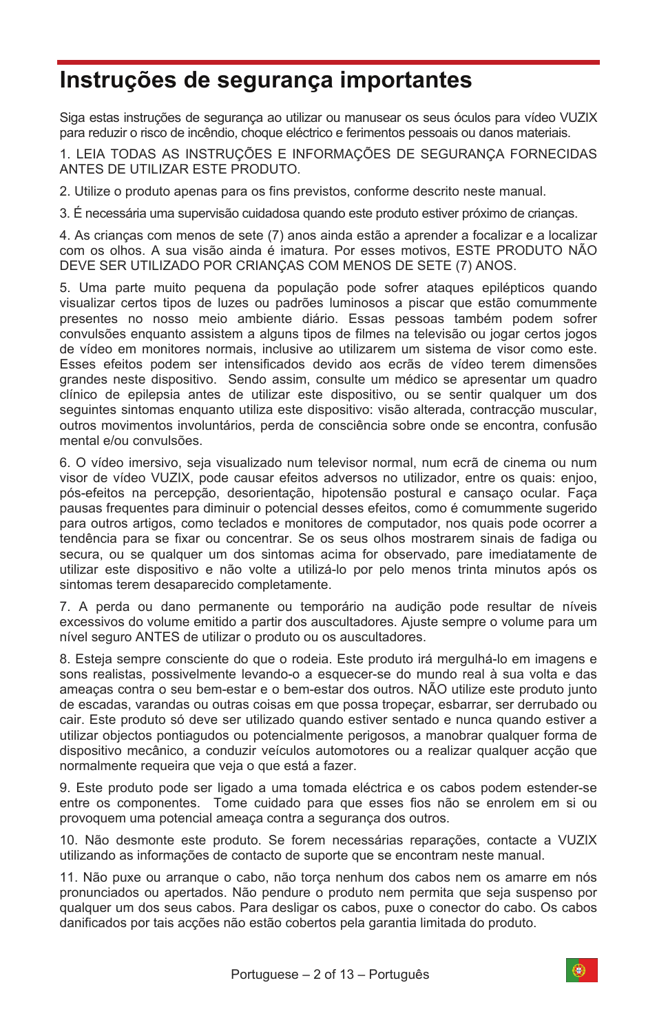 Instruções de segurança importantes | Vuzix IWEAR AV310 User Manual | Page 64 / 76