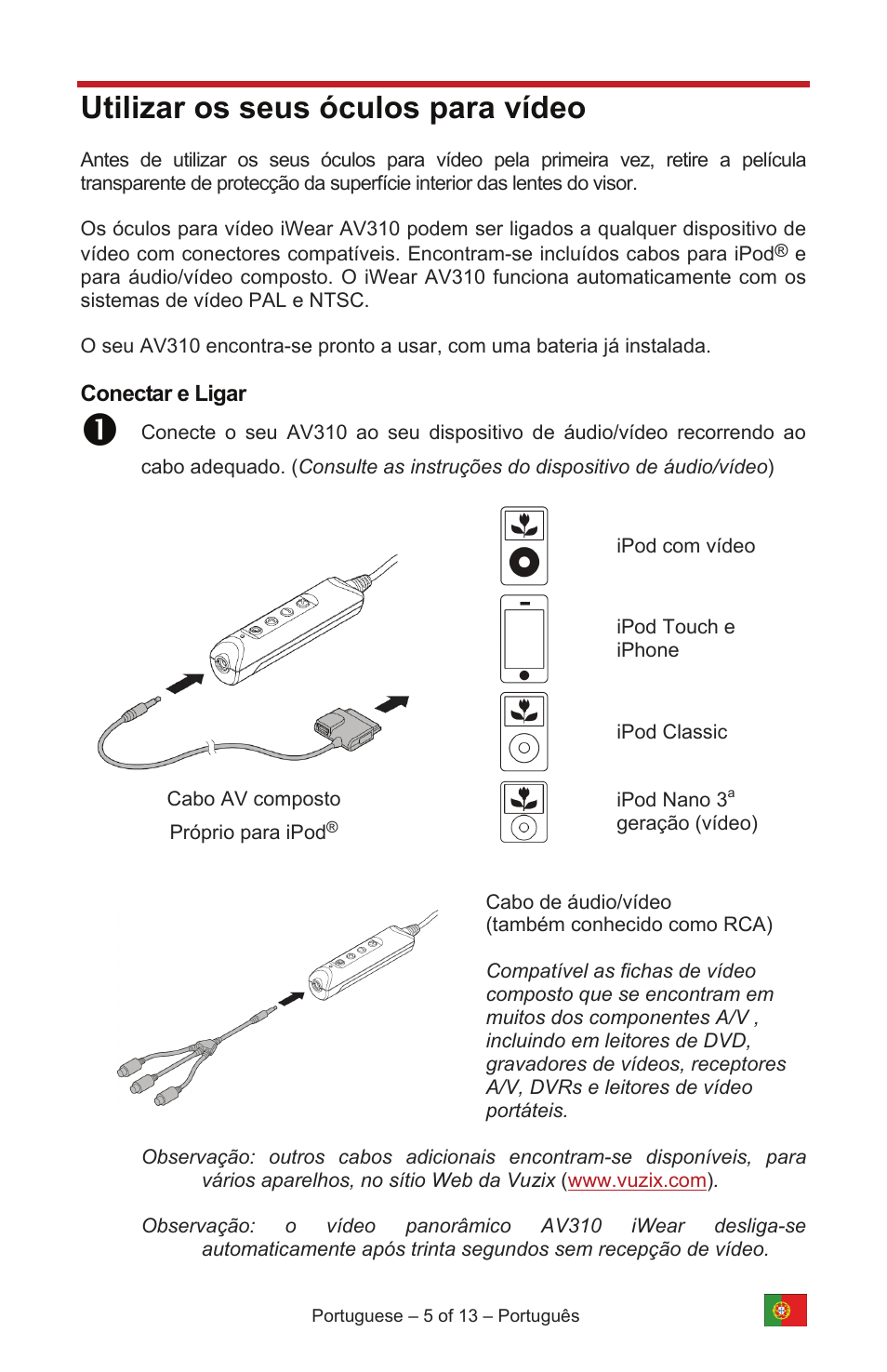 Utilizar os seus óculos para vídeo | Vuzix IWEAR AV310 User Manual | Page 67 / 76