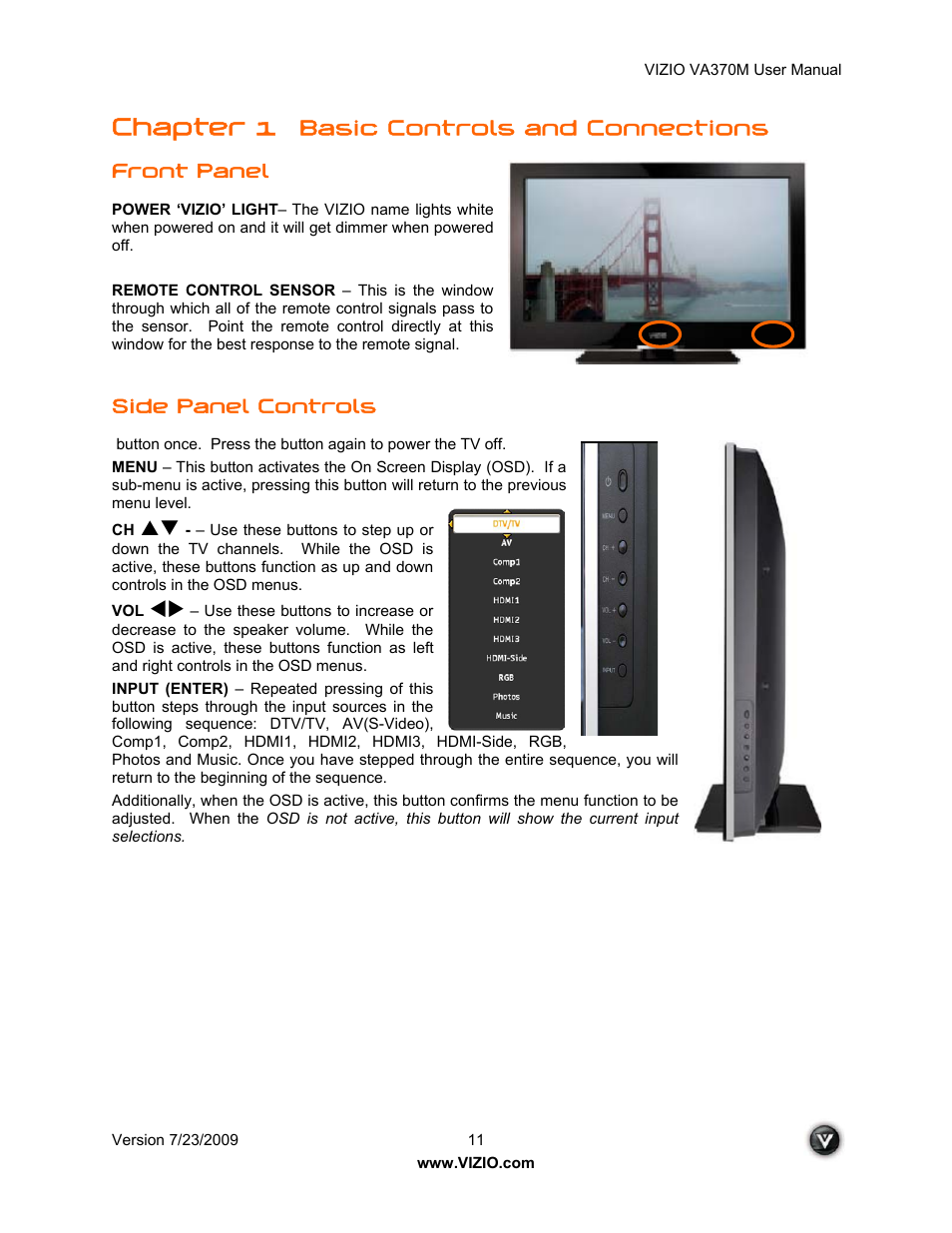 Chapter 1, Basic controls and connections | Vuzix VA370M User Manual | Page 11 / 61