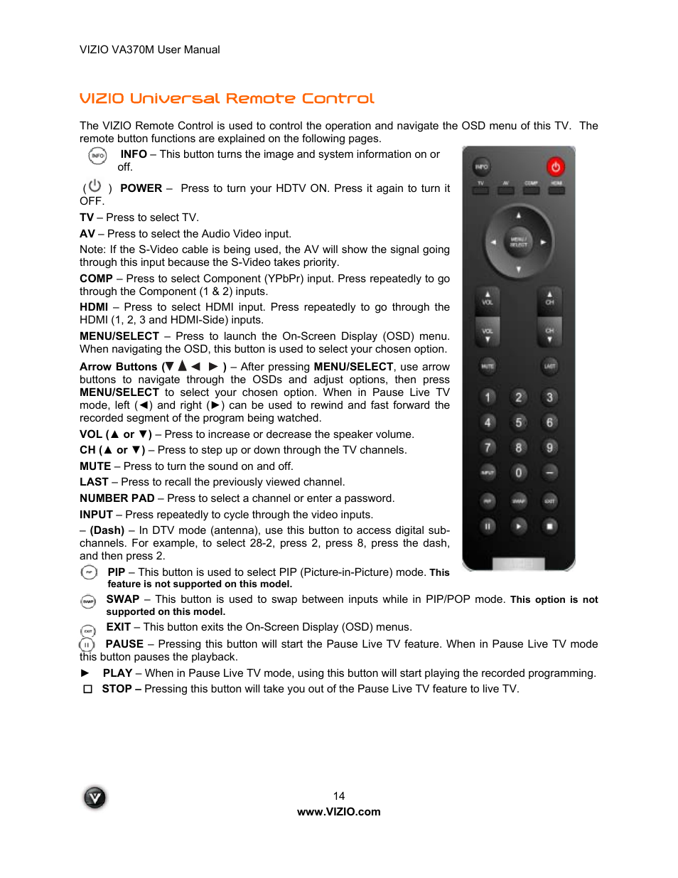 Vizio universal remote control | Vuzix VA370M User Manual | Page 14 / 61