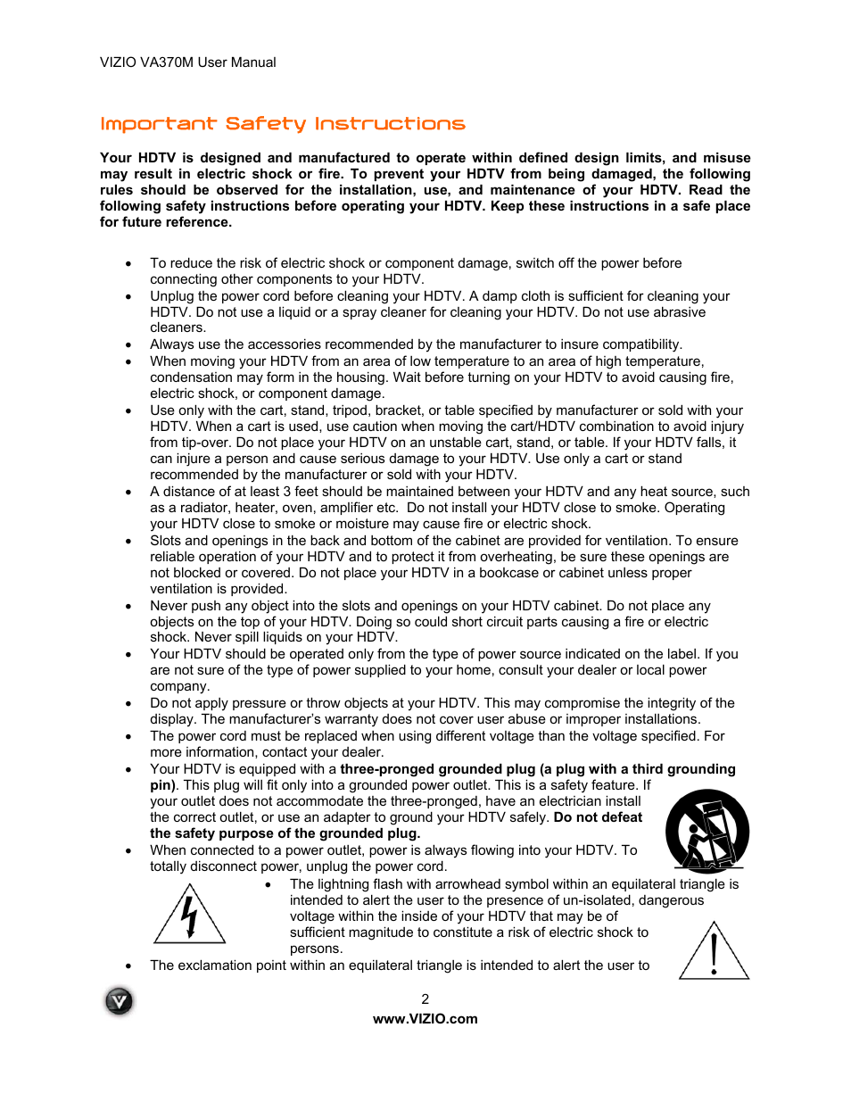Important safety instructions | Vuzix VA370M User Manual | Page 2 / 61