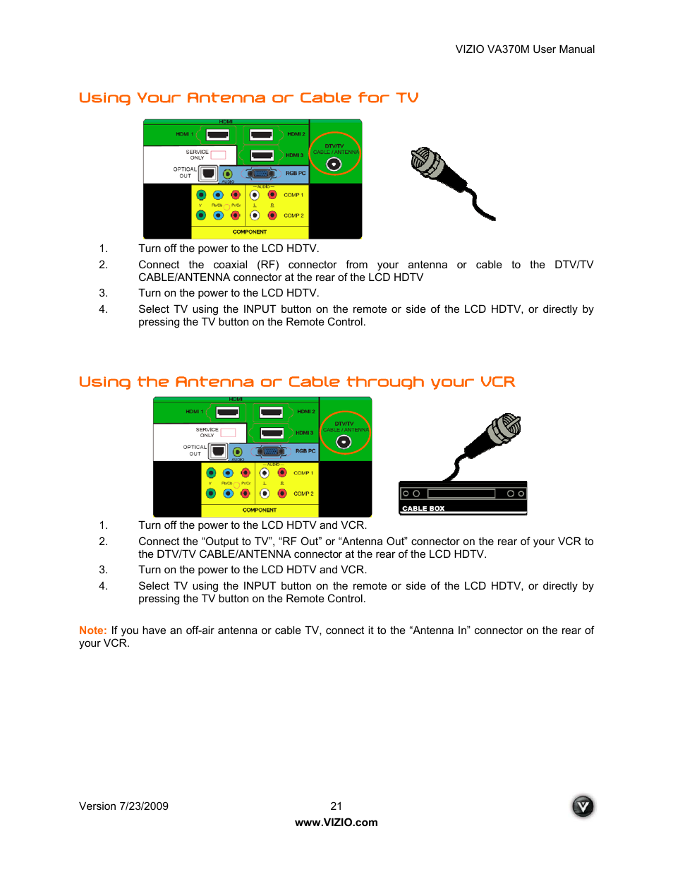 Using your antenna or cable for tv, Using the antenna or cable through your vcr | Vuzix VA370M User Manual | Page 21 / 61