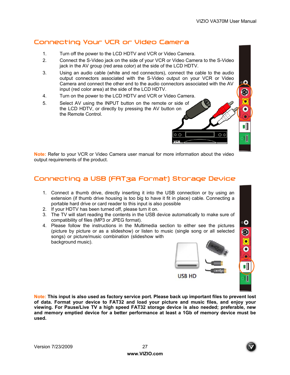 Connecting your vcr or video camera, Connecting a usb (fat32 format) storage device | Vuzix VA370M User Manual | Page 27 / 61