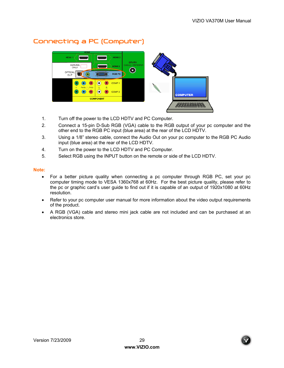 Connecting a pc (computer) | Vuzix VA370M User Manual | Page 29 / 61