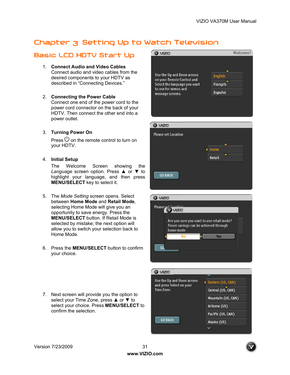Chapter 3, Setting up to watch television, Basic lcd hdtv start up | Vuzix VA370M User Manual | Page 31 / 61