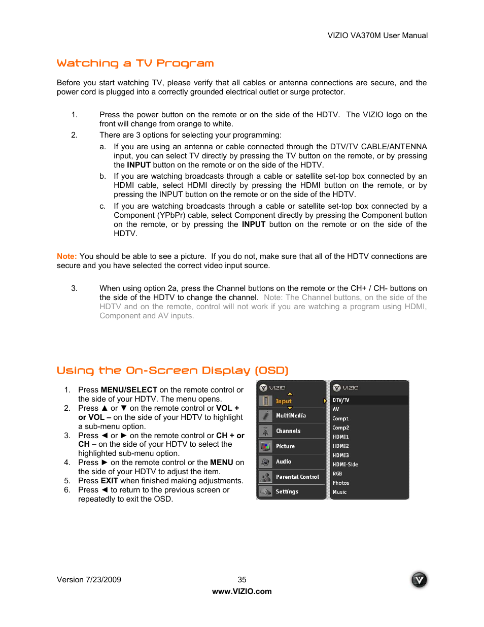 Watching a tv program, Using the on-screen display (osd) | Vuzix VA370M User Manual | Page 35 / 61