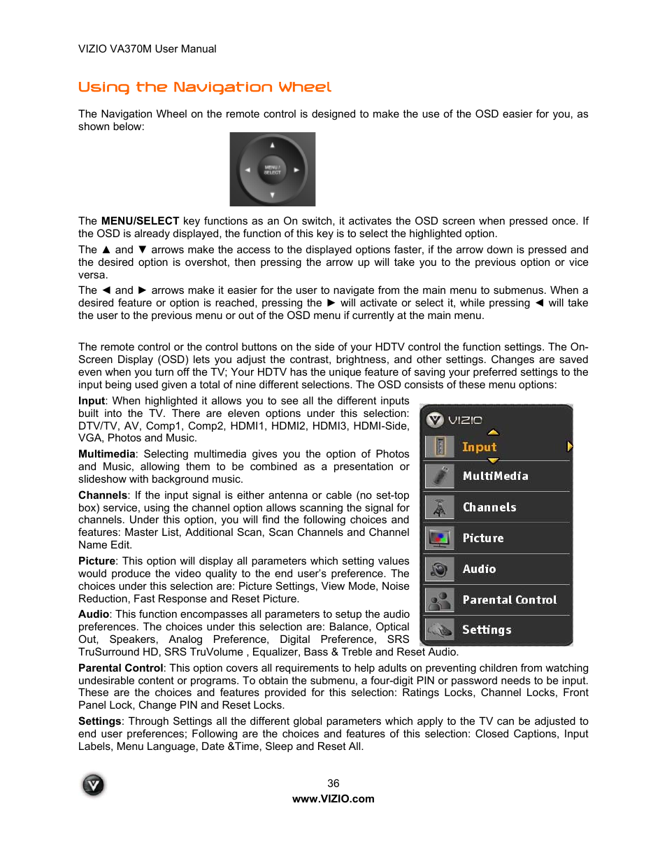 Using the navigation wheel | Vuzix VA370M User Manual | Page 36 / 61