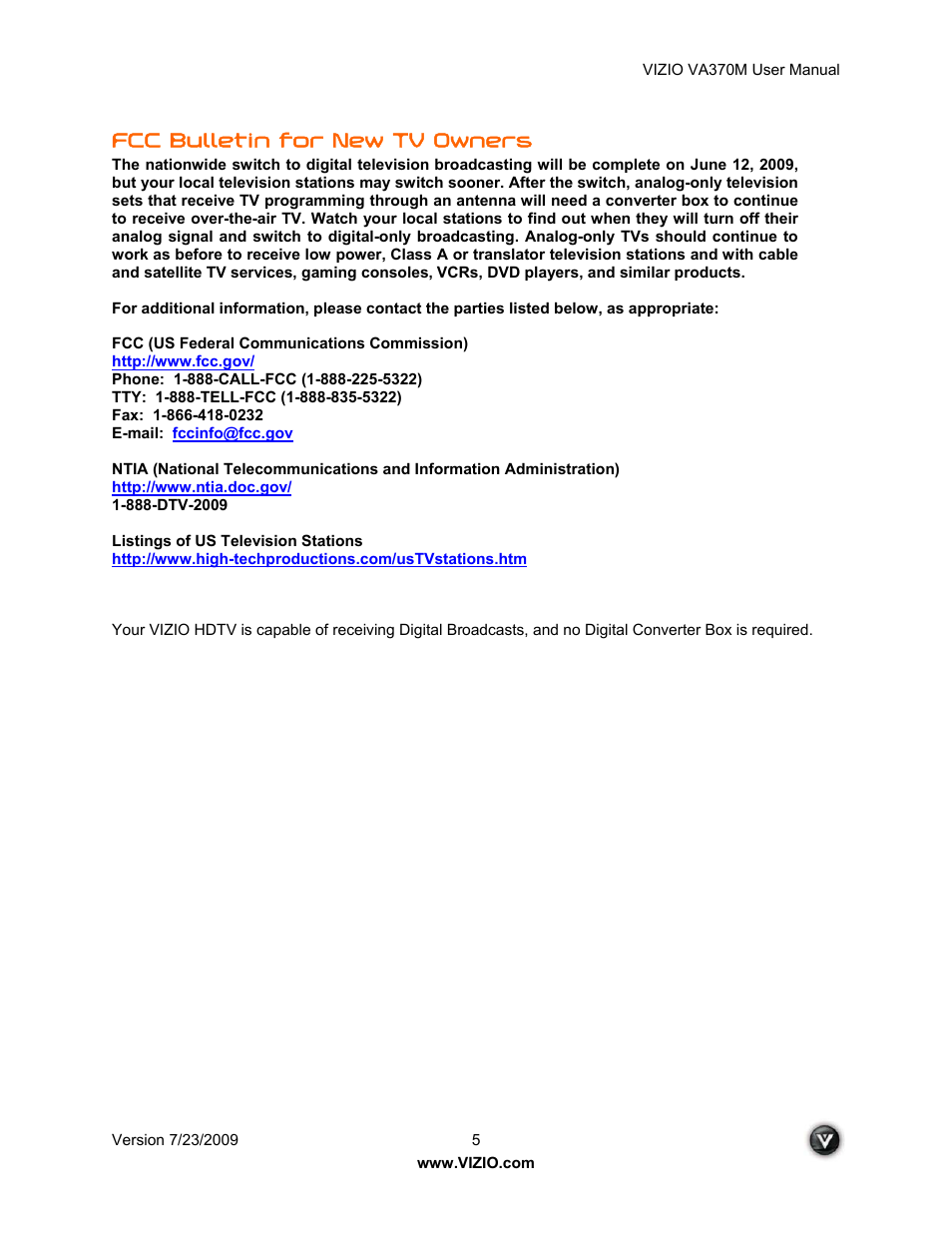 Fcc bulletin for new tv owners | Vuzix VA370M User Manual | Page 5 / 61