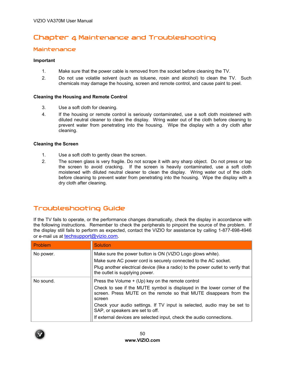 Chapter 4, Maintenance and troubleshooting, Troubleshooting guide | Vuzix VA370M User Manual | Page 50 / 61