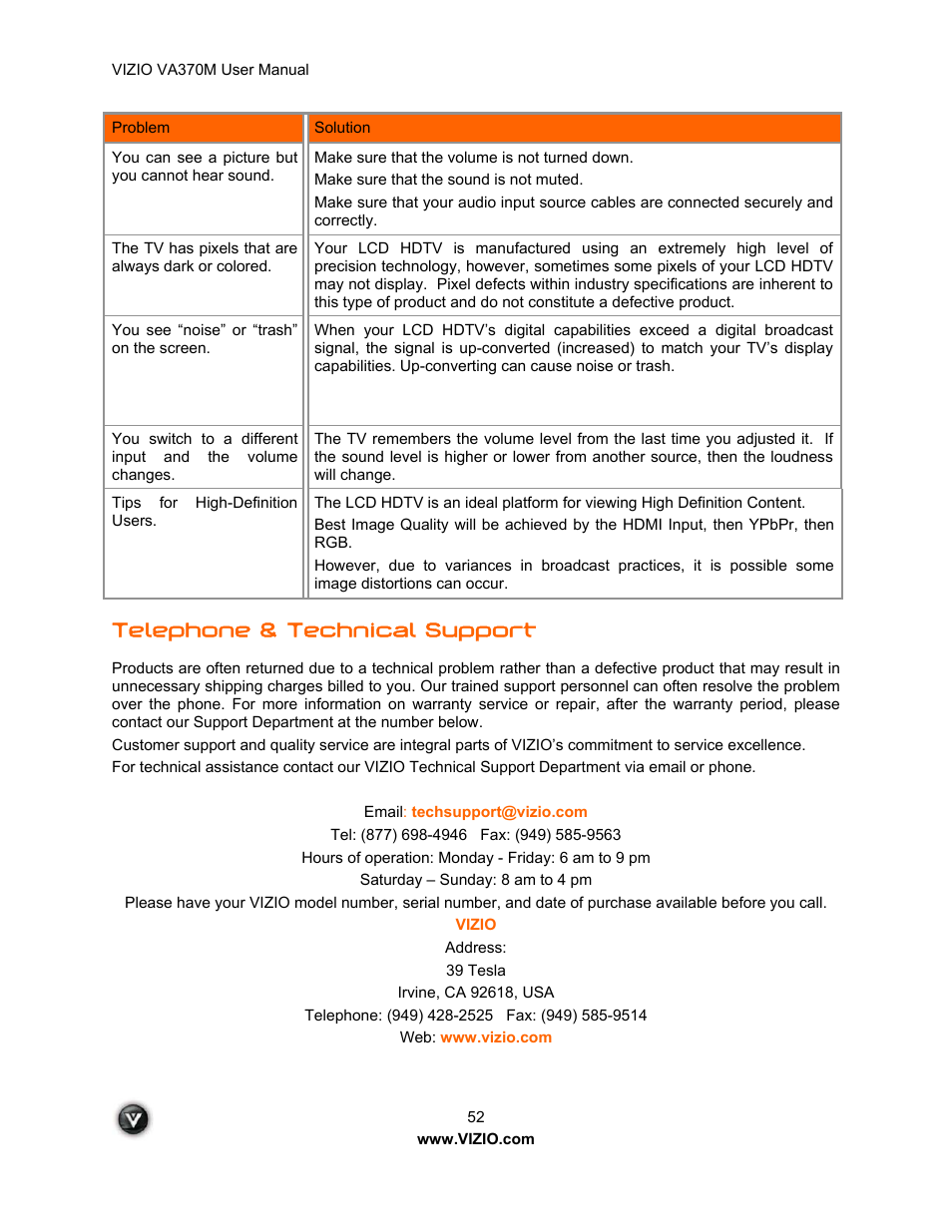 Telephone & technical support | Vuzix VA370M User Manual | Page 52 / 61
