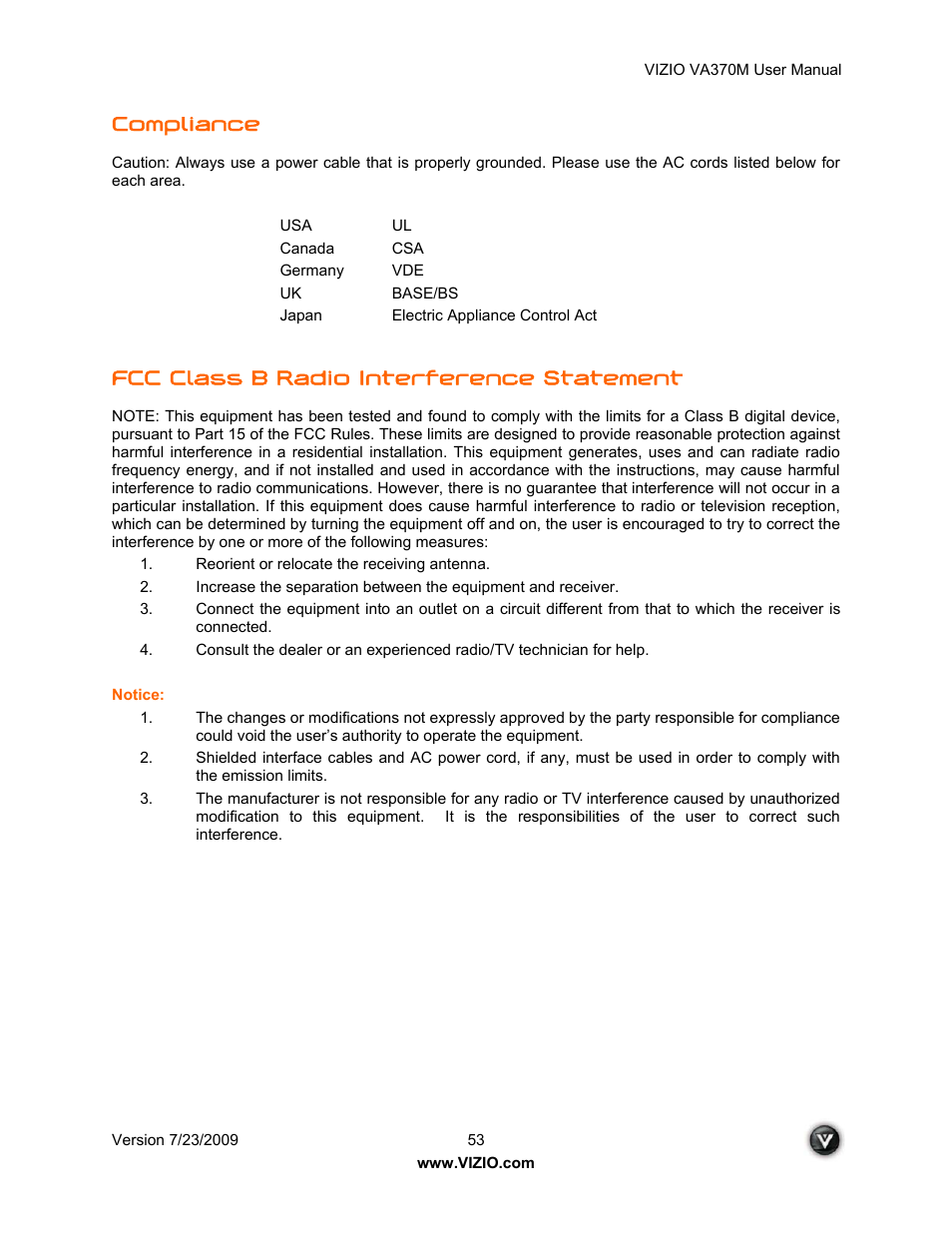 Compliance, Fcc class b radio interference statement | Vuzix VA370M User Manual | Page 53 / 61