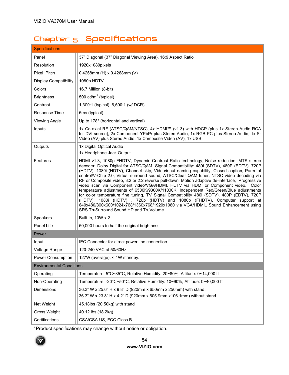 Specifications, Chapter 5 | Vuzix VA370M User Manual | Page 54 / 61
