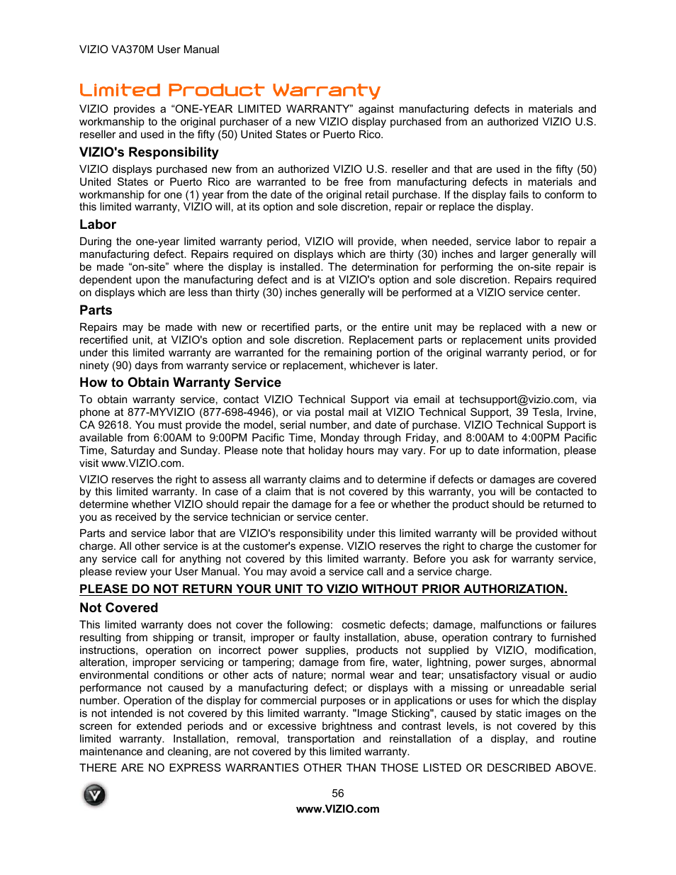 Limited product warranty | Vuzix VA370M User Manual | Page 56 / 61