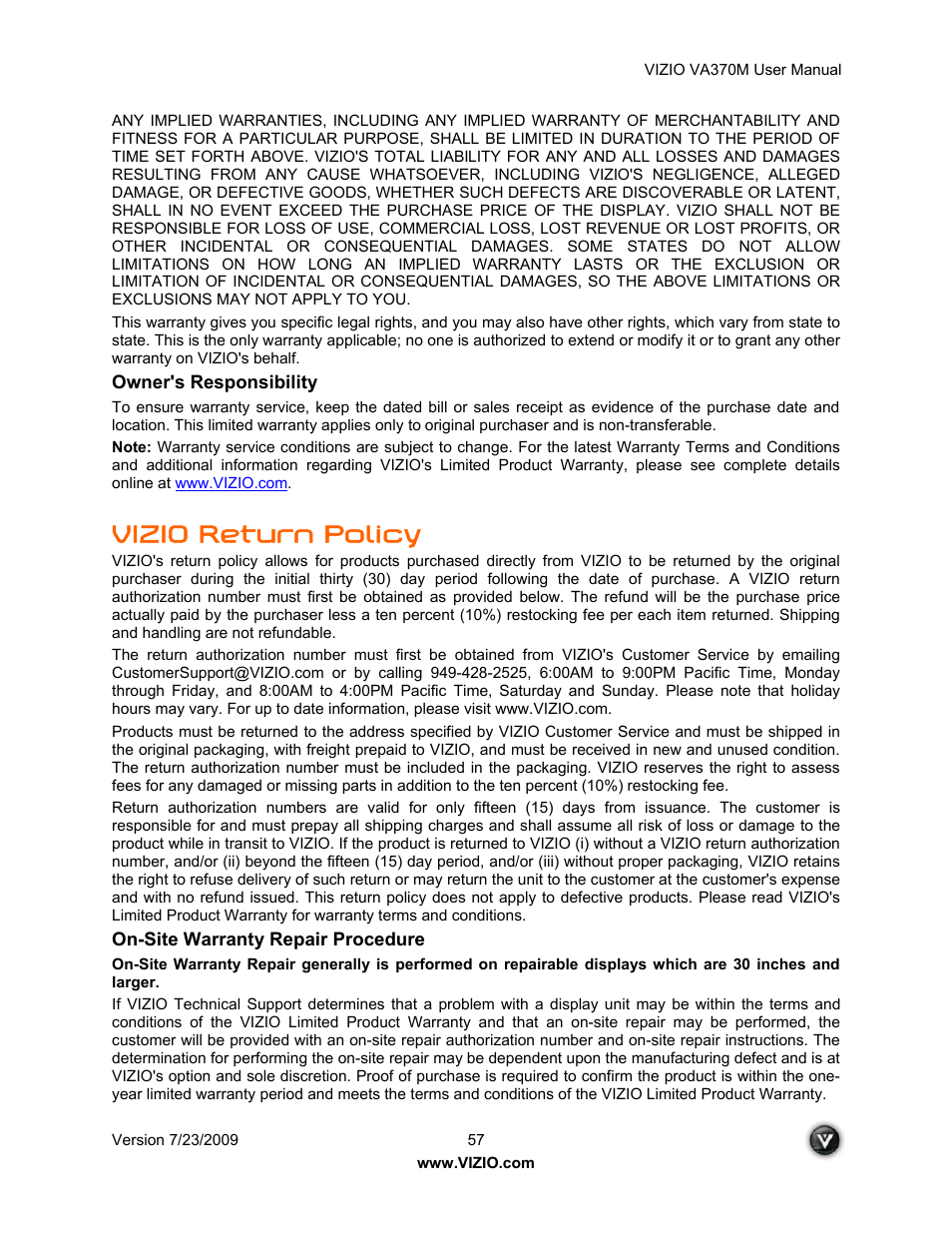 Vizio return policy | Vuzix VA370M User Manual | Page 57 / 61