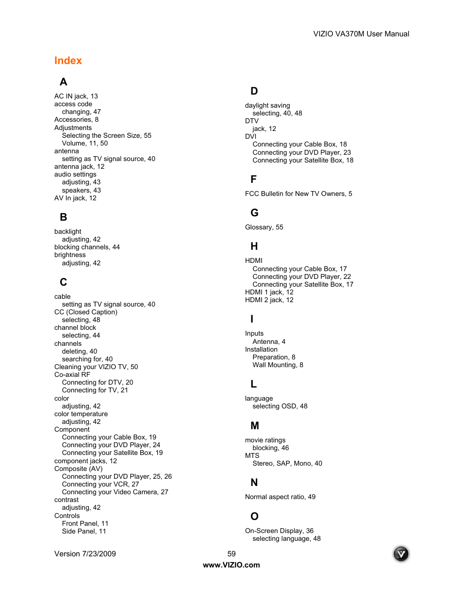 Index a | Vuzix VA370M User Manual | Page 59 / 61