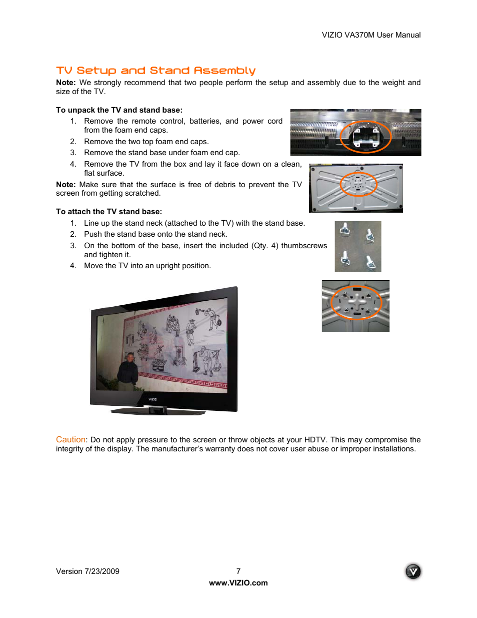 Tv setup and stand assembly | Vuzix VA370M User Manual | Page 7 / 61