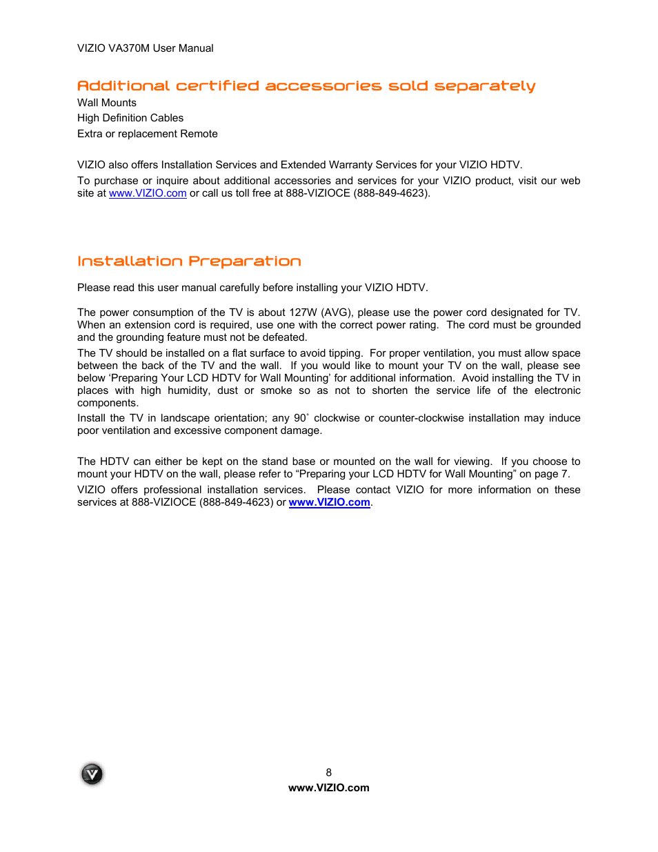 Additional certified accessories sold separately, Installation preparation | Vuzix VA370M User Manual | Page 8 / 61
