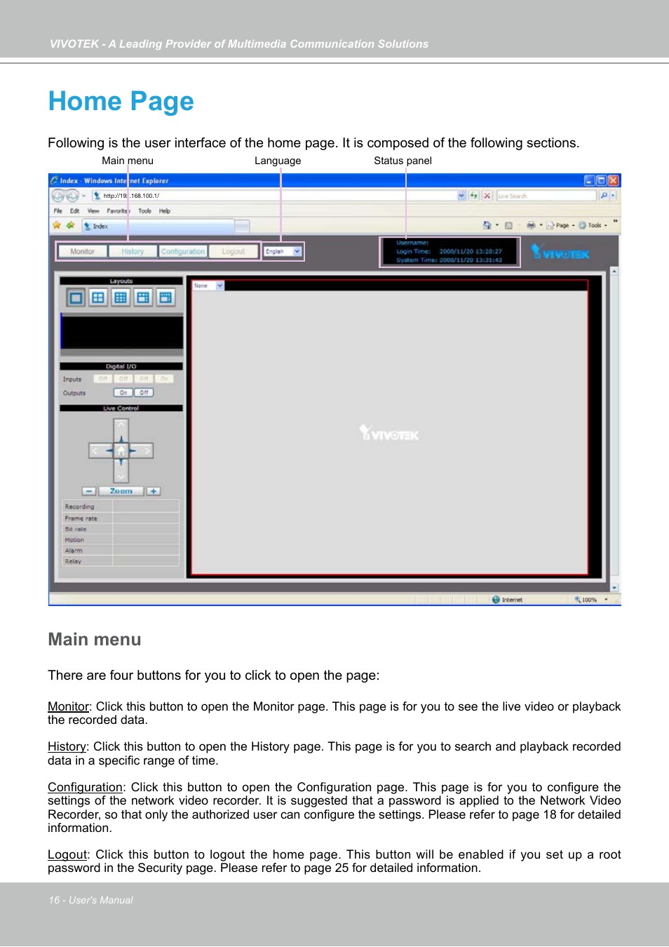 Home page, Main menu | Vivotek NR7401 User Manual | Page 16 / 51