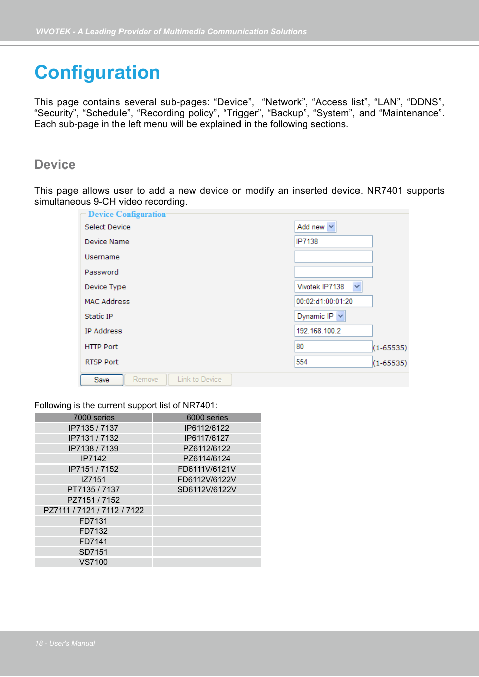 Configuration, Device | Vivotek NR7401 User Manual | Page 18 / 51